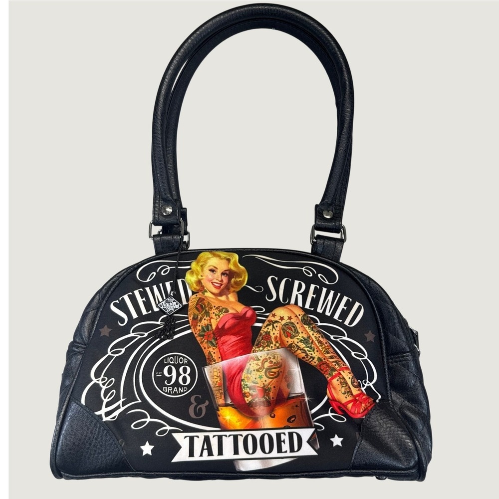 Rockabilly Pinup Graphic Bowler Style Handbag Faux Leather Purse Punk ALT